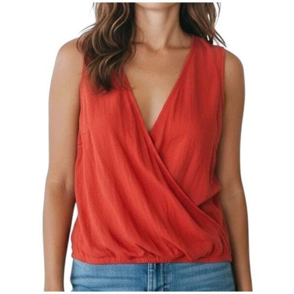 Lush Faux Wrap Blouse Womens Size S Sleeveless Coral High Low Viscose Rayon